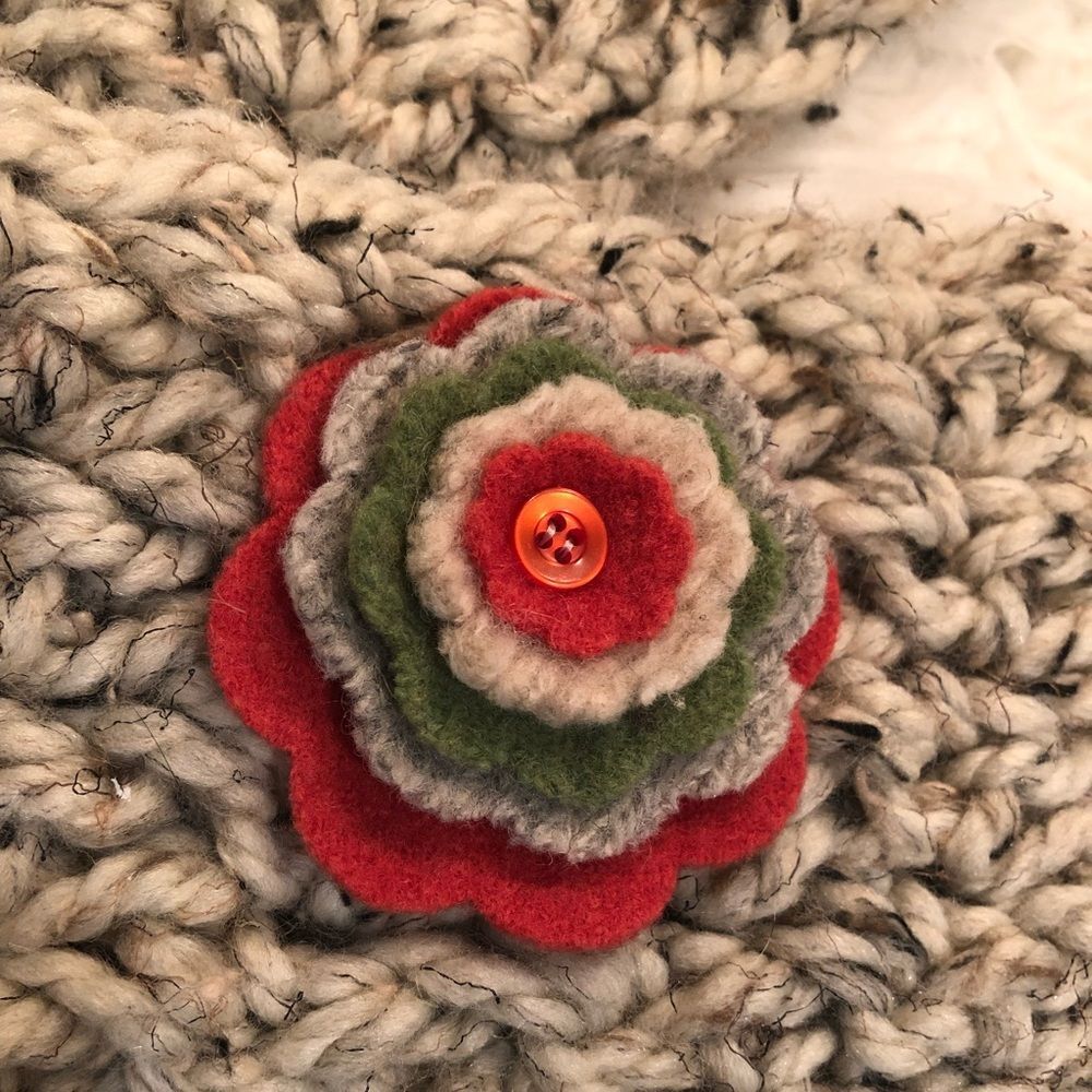 Infinity scarf - handmade gray chunky knit with orange flower